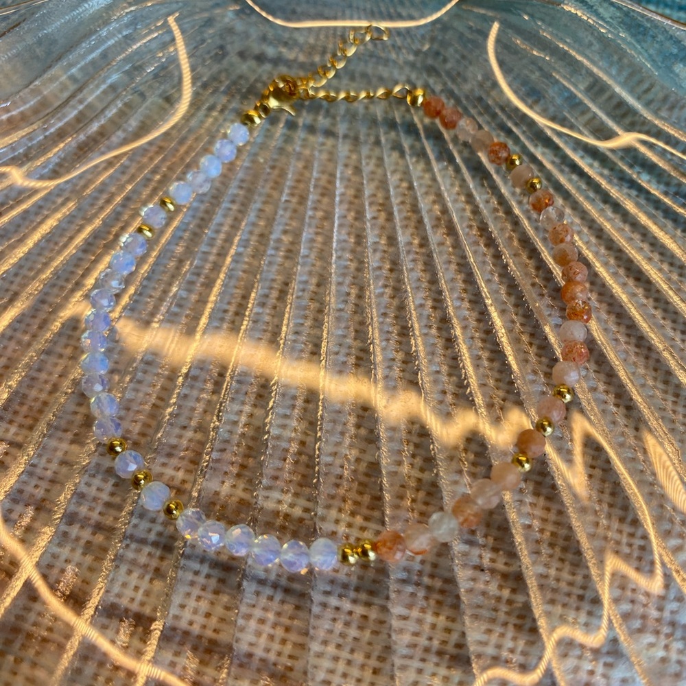 M54 Dainty Tiny Sunstone and Moonstone/Opal Stone Gem Bracelet
